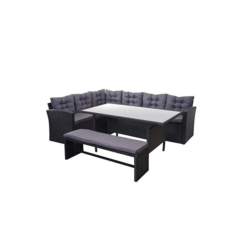 Mendler Poly-Rattan-Garnitur HWC-A29, Gartengarnitur Sitzgruppe Lounge-Esstisch-Set, mit Bank schwarz - Kissen dunkelgrau