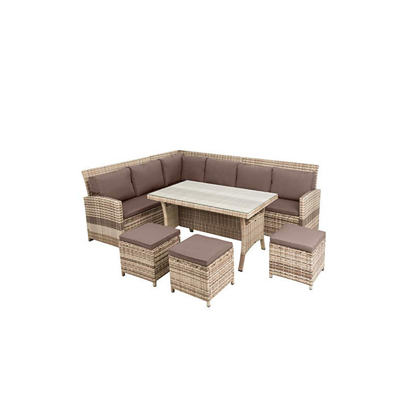 ESTEXO Polyrattan Lounge Set in luxuriöser Optik bestehend aus 1 Couch, 3 Hockern und 1 Tisch, inklusive Sitzpolster, beige