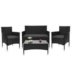 Mendler Poly-Rattan Garnitur HWC-F55, Balkon-/Garten-/Lounge-Set Sofa Sitzgruppe - schwarz, Kissen dunkelgrau