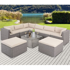 Casaria® Gartenmöbel Set Polyrattan Lounge XL 26-teilig 7cm Auflagen 15cm Rückenkissen 5mm Sicherheitsglas Tisch Wetterfest E