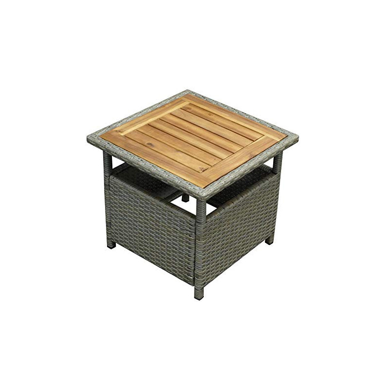 DEGAMO Beistelltisch Gartentisch Trento 45x45cm, Gestell Stahl + Polyrattan grau beige, Tischplatte Akazie braun geölt, Indoo