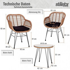 STILISTA 3-teiliges Poly-Rattan Bistroset 2 Lounge Sessel Beistell-Tisch Wetterfest Indoor Outdoor geeignet