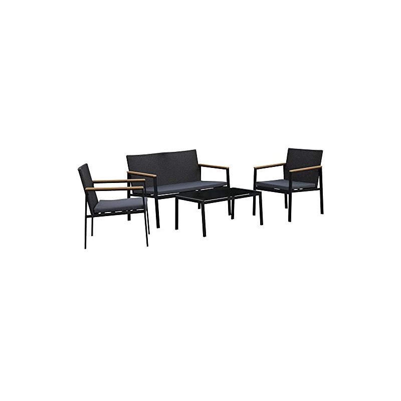 Outsunny Garten Möbelset, 4-teilige Sitzgruppe, Sitzgarnitur, 3 Sofa, Couchtisch, mit Sitzkissen, PP Rattan, Schwarz 108 x 66