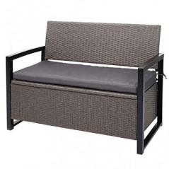 Mendler Poly-Rattan 2er Sitzbank HWC-F39, Gartenbank Truhenbank, Staufach Aufbewahrung Sitzkissen - grau-meliert, Kissen grau