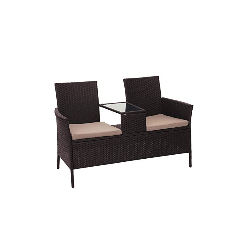 Mendler Poly-Rattan Sitzbank mit Tisch HWC-E24, Gartenbank Sitzgruppe Gartensofa, 132cm - braun, Kissen Creme