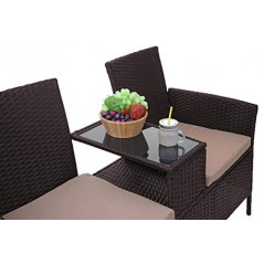 Mendler Poly-Rattan Sitzbank mit Tisch HWC-E24, Gartenbank Sitzgruppe Gartensofa, 132cm - braun, Kissen Creme