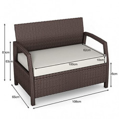 COSTWAY Gartensofa Rattan, Rattansofa 2 Sitzer, Gartenbank mit Sitzkissen 10 cm Stärke, Garten Lounge Gartenmöbel, 108 x 84 x