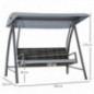 Outsunny Hollywoodschaukel 3-Sitzer mit Dach Gartenschaukel Polyrattan+Metall Grau 198 x 124 x 179 cm