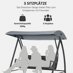 Outsunny Hollywoodschaukel 3-Sitzer mit Dach Gartenschaukel Polyrattan+Metall Grau 198 x 124 x 179 cm