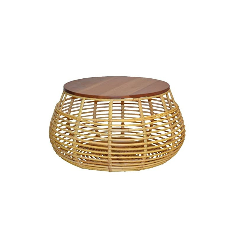 SAAKO Beistelltisch mit Akzent Couchtisch Rattantisch Tischplatte-Massivholz Rattan Beistelltisch Design braun