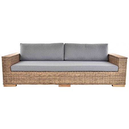 Krines Home Schlafsofa Maxi Rattan-Sofa Rattan Wohnzimmersofa mit Polster Couch Lounge Wohnzimmer Sofa  Grau Natur, 4-Sitzer 
