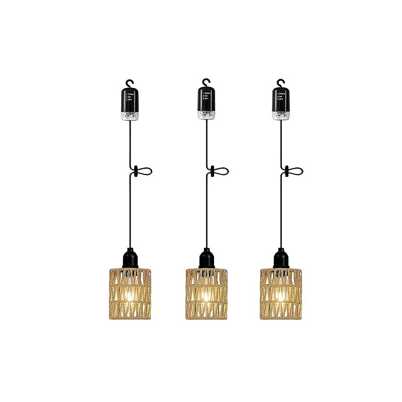 3x Boho Rattan Lampe Vintage Hängelampe mit Batterie Akku Glühbirne Hängeleuchte Deckenlampe ohne Strom Stromanschluss Außenb