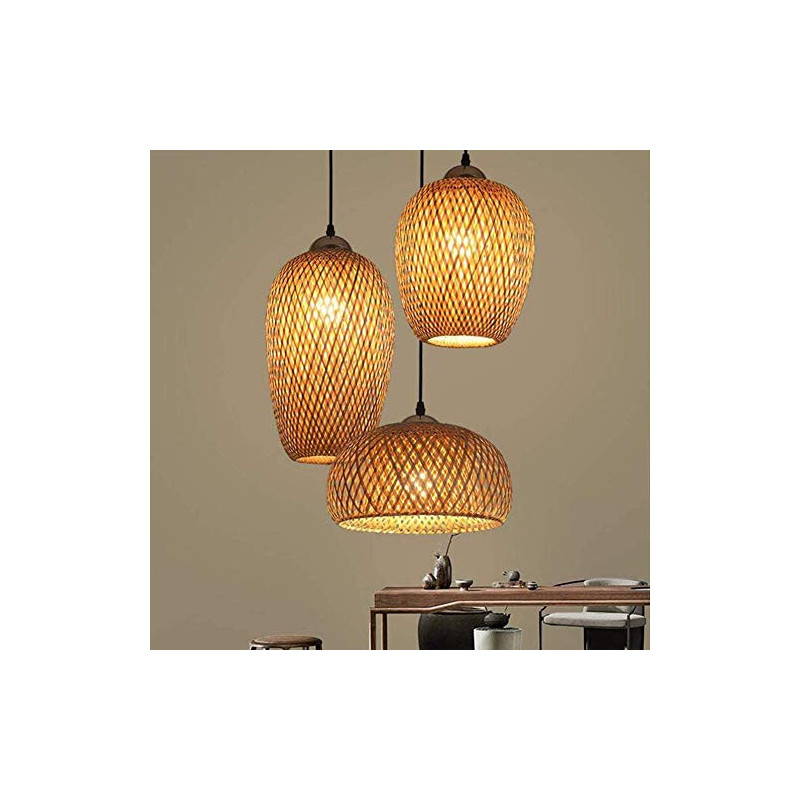 Rattan Bambus Pendelleuchte Retro Stil Laterne Kronleuchter Antik Holz Esszimmer Lampe Landhaus Hängelampe Wicker Lampenschir