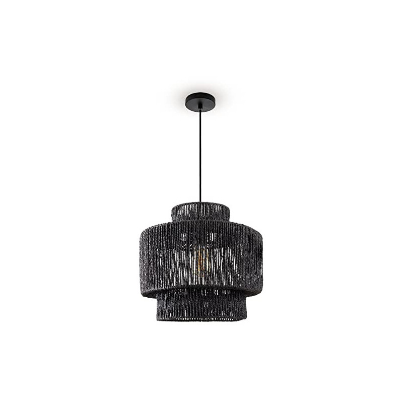 Paco Home Pendelleuchte Esstisch Papier Boho Hängelampe Esszimmer Lampe E27 Hängeleuchte Rattan, Farbe:Schwarz  Ø40cm , Leuch