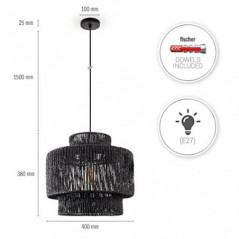 Paco Home Pendelleuchte Esstisch Papier Boho Hängelampe Esszimmer Lampe E27 Hängeleuchte Rattan, Farbe:Schwarz  Ø40cm , Leuch