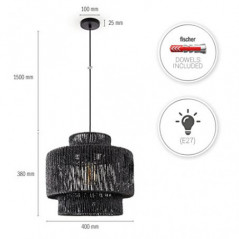 Paco Home Pendelleuchte Esstisch Papier Boho Hängelampe Esszimmer Lampe E27 Hängeleuchte Rattan, Farbe:Schwarz  Ø40cm , Leuch