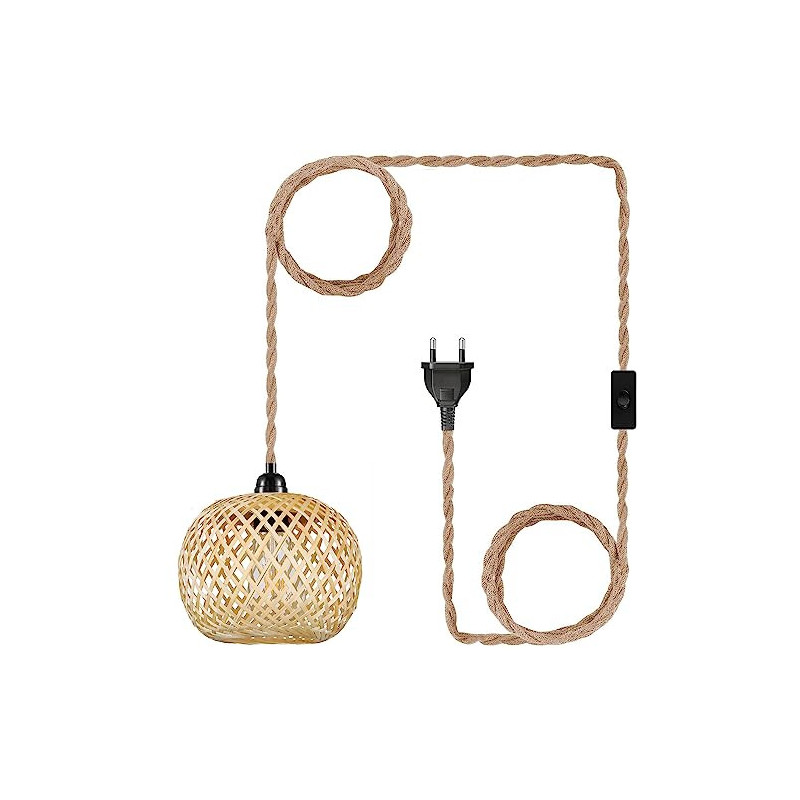 Vintage Dimmbar Hängelampe mit Stecker - Boho Lampe Pendelleuchte Rattan Bambus Lampenschirm Hängeleuchte Esstischlampe Rusti