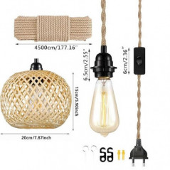 Vintage Dimmbar Hängelampe mit Stecker - Boho Lampe Pendelleuchte Rattan Bambus Lampenschirm Hängeleuchte Esstischlampe Rusti