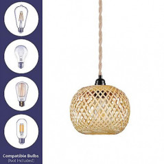 Vintage Dimmbar Hängelampe mit Stecker - Boho Lampe Pendelleuchte Rattan Bambus Lampenschirm Hängeleuchte Esstischlampe Rusti