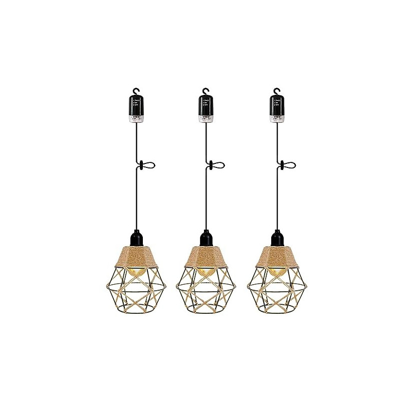 3er Pack Rattan Hängelampe mit Batterie Außen Innen Hängeleuchte Fernbedienung Batteriebetriebene Lampe Tragbare Boho Korb La