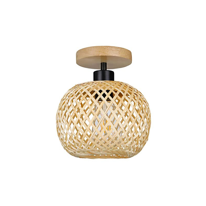 Vintage Boho Rattan Lampe Deckenleuchte Hängelampe - Bambus Holz Lampenschirm Deckenlampe Badlampe Badezimmerlampe Wandlampe 