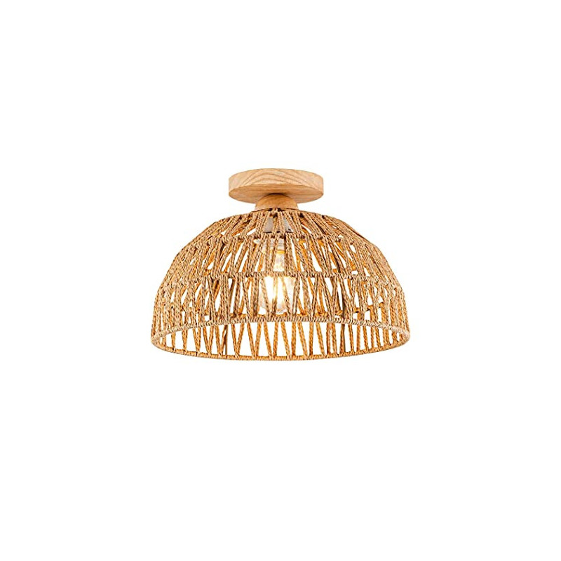 Vintage Boho Rattan Lampe Deckenleuchte Hängelampe - Bambus Holz Lampenschirm Retro Deckenlampe Badlampe Badezimmerlampe Wand