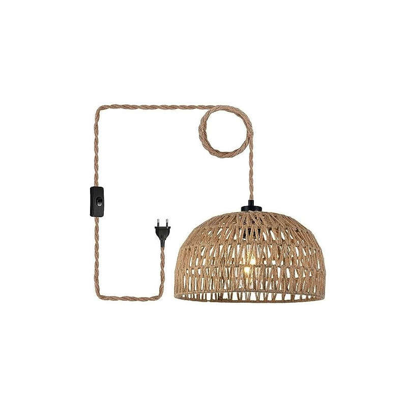 Boho Rattan Vintage Hängelampe Pendelleuchte mit Stecker - Seil Lampe Hängeleuchte für Steckdose - Hängend Deckenlampe Korbla