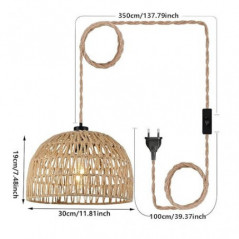 Boho Rattan Vintage Hängelampe Pendelleuchte mit Stecker - Seil Lampe Hängeleuchte für Steckdose - Hängend Deckenlampe Korbla