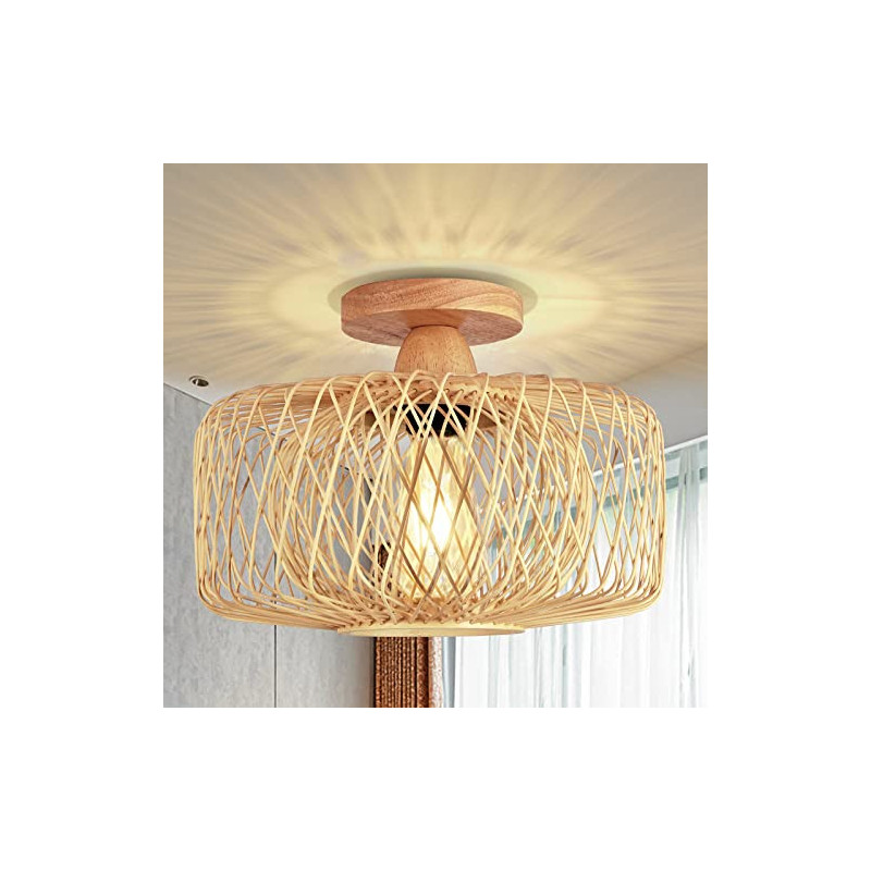 FRIDEKO HOME Deckenleuchte Vintage Bambus - Deckenlampe Holz Lampenschirm Hängelampe E27 Lampenfassung Boho Rattan Lampe Ø30c