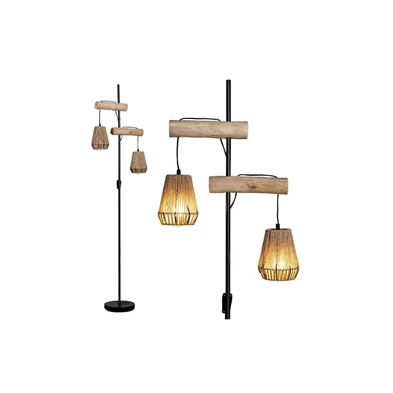 Stehlampe holz Boho 2-Lampenschirm Rattan Stehlampe Bauernhof Stehlampe mit ON/OFF indenpental Schalter, Rustikale Stehlampe 