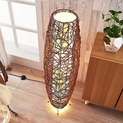 Lindby Rattan Stehlampe, Stehleuchte Höhe 111 cm mit Fußschalter, Standleuchte 2 flammig Rattan mit Stoffschirm, E14 Fassung 