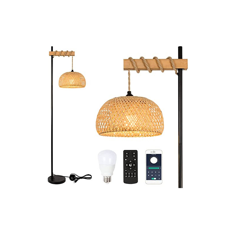 Rayofly Dimmbar Stehlampe Wohnzimmer, Vintage Holz Stehlampe mit Fernbedienung und LED-Glühbirne, App-Steuerung, Boho Stehleu