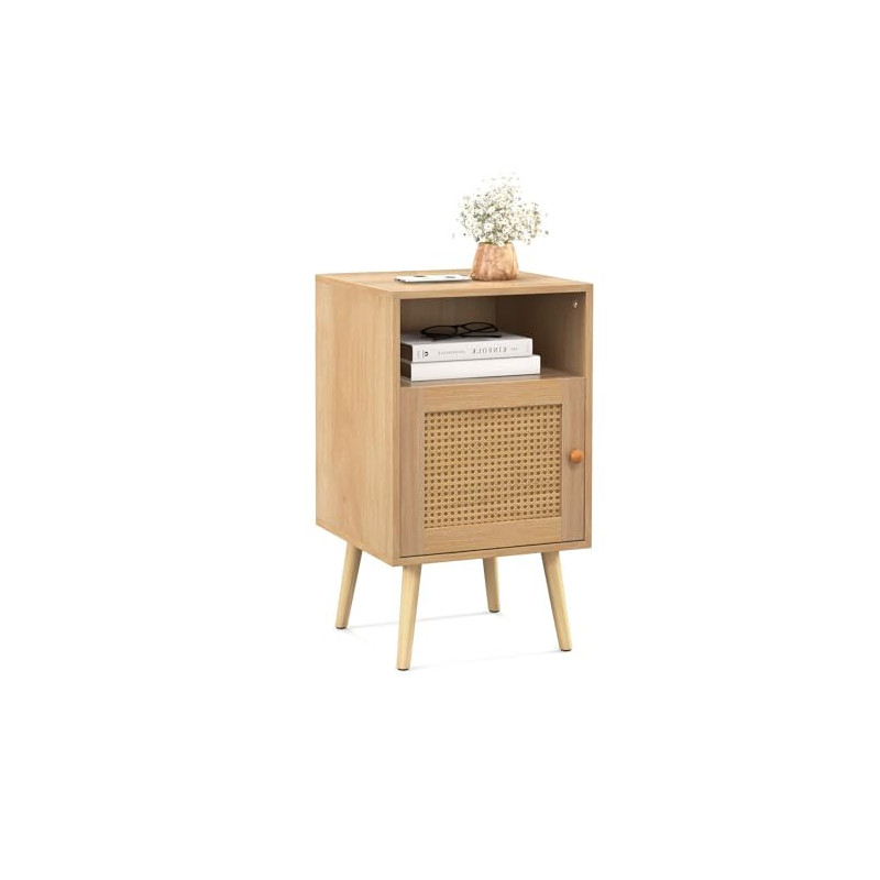 COSTWAY Nachttisch Rattan, Nachtschrank Holz, Beistelltisch mit offenem Regal & Tür, Sofatisch Landhausstil, ideal für Schlaf