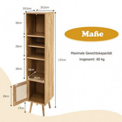 COSTWAY Hochschrank Rattan, Bücherregal mit 4 Ablagen und Rattantür, Kommode Boho Style, 29,5 x 29,5 x 137cm