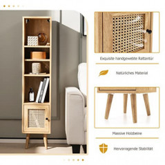 COSTWAY Hochschrank Rattan, Bücherregal mit 4 Ablagen und Rattantür, Kommode Boho Style, 29,5 x 29,5 x 137cm