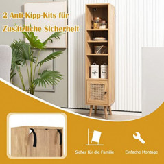 COSTWAY Hochschrank Rattan, Bücherregal mit 4 Ablagen und Rattantür, Kommode Boho Style, 29,5 x 29,5 x 137cm