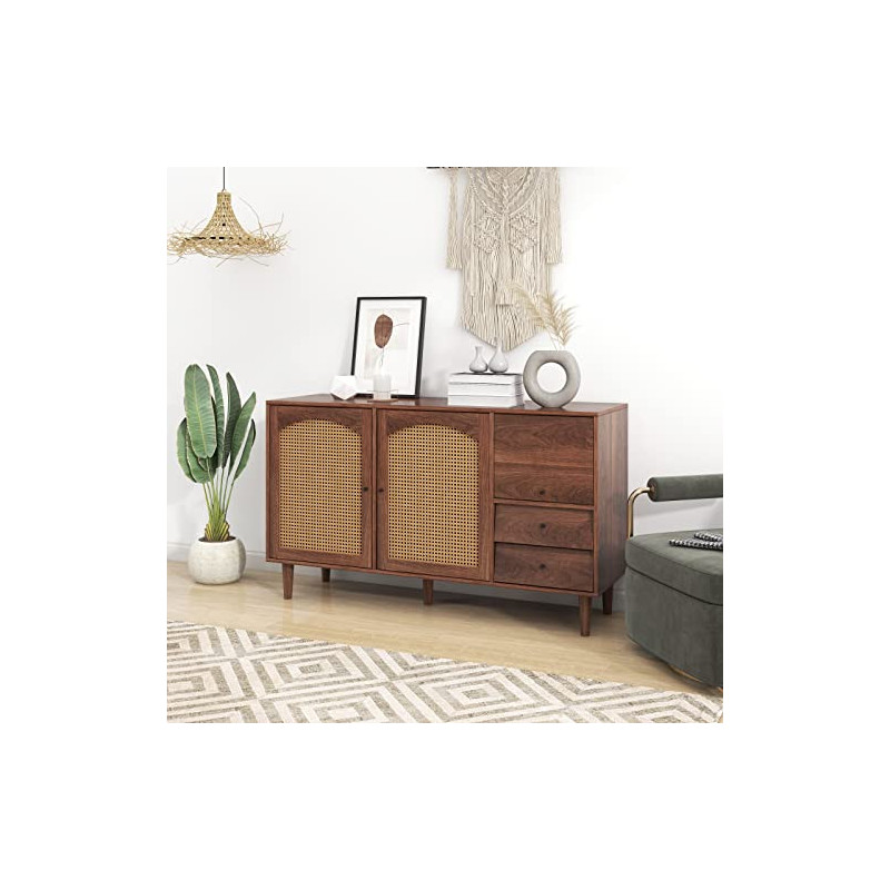 Sweiko 51" Rattan Kommode mit 2 Schubladen und 3 Türen, Sideboard mit Braune Massivholzbeine Schubladenkommode Verstellbares 