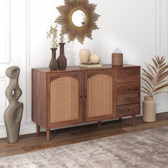 Sweiko 51" Rattan Kommode mit 2 Schubladen und 3 Türen, Sideboard mit Braune Massivholzbeine Schubladenkommode Verstellbares 