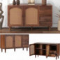 Sweiko 51" Rattan Kommode mit 2 Schubladen und 3 Türen, Sideboard mit Braune Massivholzbeine Schubladenkommode Verstellbares 