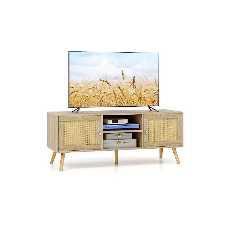 COSTWAY TV-Schrank, Rattan Lowboard für Fernseher bis zu 55 Zoll, Fernsehtisch mit 2 Türen & offenen Fächern, Fernsehschrank,