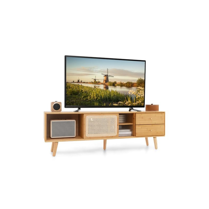 COSTWAY TV Schrank, Bambus TV Board für TVs bis 65 Zoll, Fernsehtisch mit Rattan- & Glasschiebetüren, Fernsehschrank mit 2 Sc