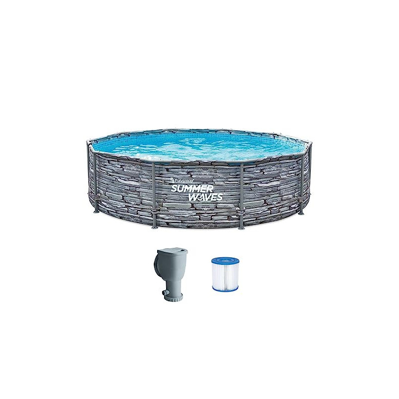 Summer Waves Frame Pool Komplettset | Rund 305x76 cm Steinoptik Grau | Aufstellpool Set | Gartenpool & Schwimmbecken inkl. Fi