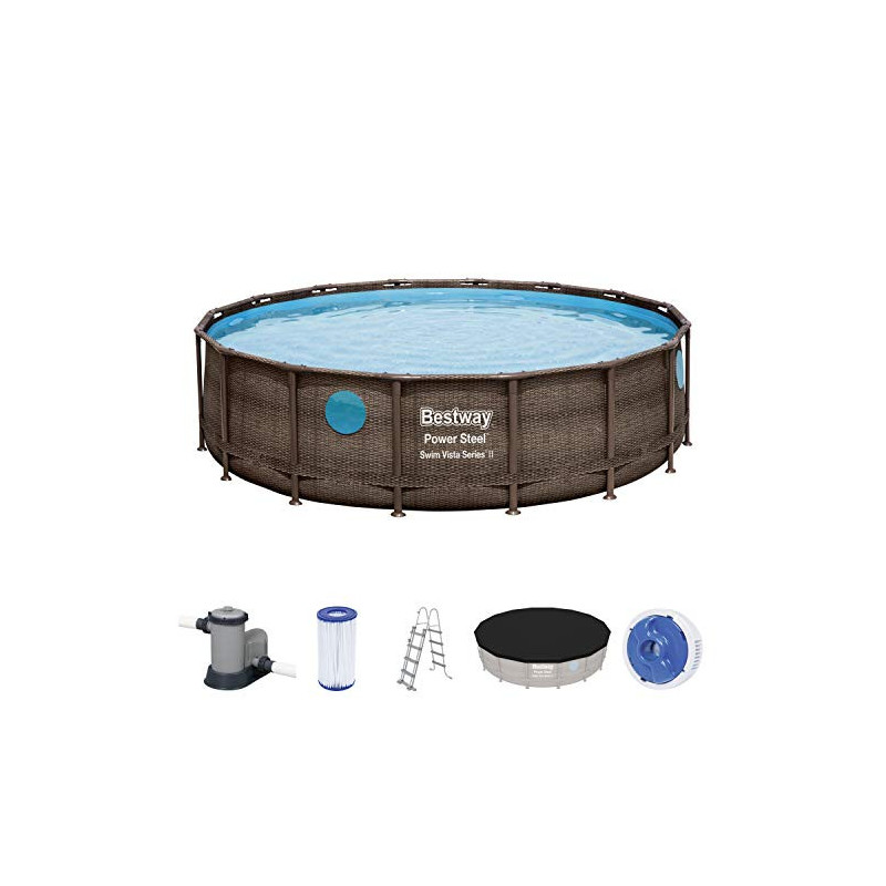 Bestway Power Steel™ Swim Vista Series™ Frame Pool, 488 x 122 cm, Komplett-Set mit Filterpumpe, rund, braune Rattan-Optik