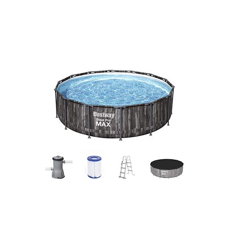 Bestway Steel Pro MAX Frame Pool Komplett-Set mit Filterpumpe Ø 427 x 107 cm, Holz-Optik  Mooreiche , rund