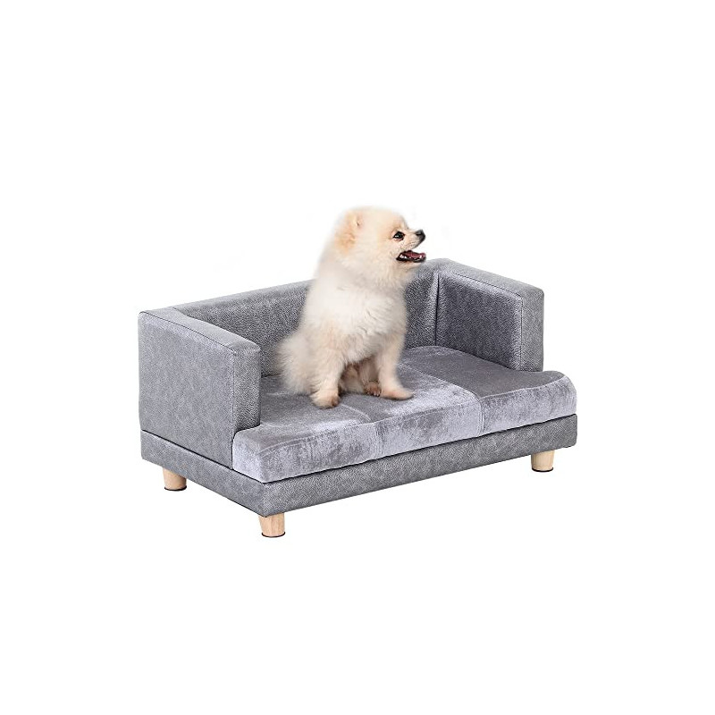 PawHut Hundesofa, Haustiersofa, Hundebett, Hundematte, Kunstleder, Kurzplüsch, Grau, 68 x 41 x 32 cm