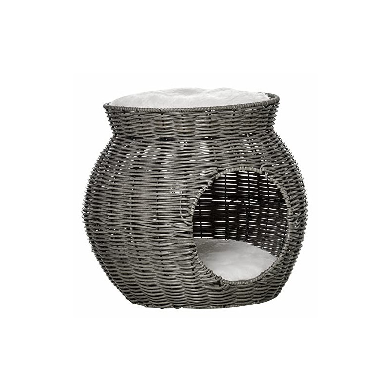 Pawhut Rattan Katzenkorb zweistöckiges Katzenbett Katzenhöhle Katzenturm mit 2 Kissen Liegedach Dunkelgrau Ø50 x 43,5 cm