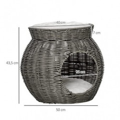 Pawhut Rattan Katzenkorb zweistöckiges Katzenbett Katzenhöhle Katzenturm mit 2 Kissen Liegedach Dunkelgrau Ø50 x 43,5 cm