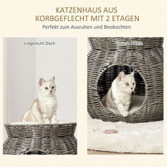 Pawhut Rattan Katzenkorb zweistöckiges Katzenbett Katzenhöhle Katzenturm mit 2 Kissen Liegedach Dunkelgrau Ø50 x 43,5 cm