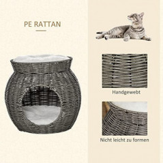 Pawhut Rattan Katzenkorb zweistöckiges Katzenbett Katzenhöhle Katzenturm mit 2 Kissen Liegedach Dunkelgrau Ø50 x 43,5 cm