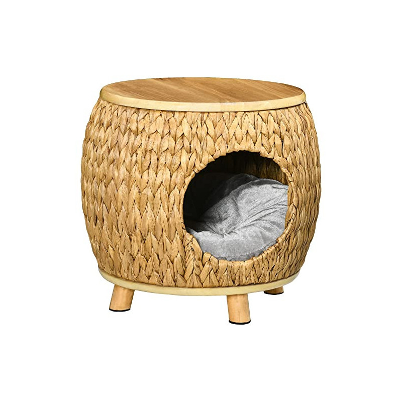 Pawhut Katzenhöhle aus Rattan 2-in-1 Design Katzenkorb mit Kissen Katzenbett Katzenhütte Haustierbett Wasserhyazinthengras Pa